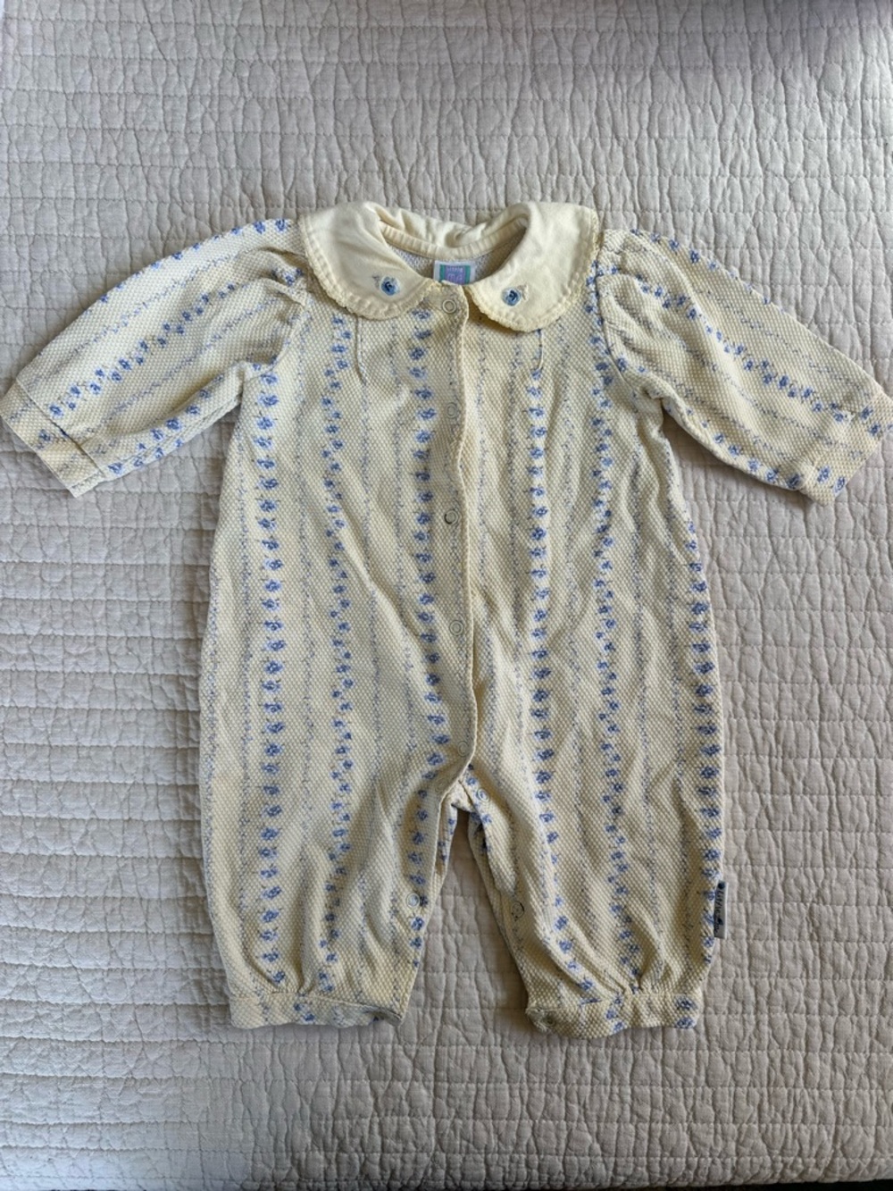 Vintage Little Me Cream Knit Footie with Blue Floral Stripe 501